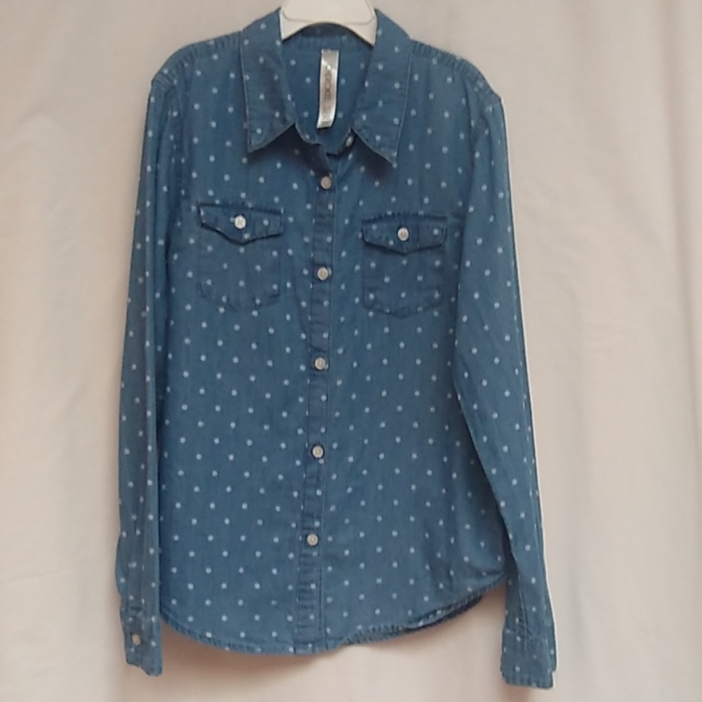 Cherokee Denim Polka Dot Button Down Shirt L 10 12